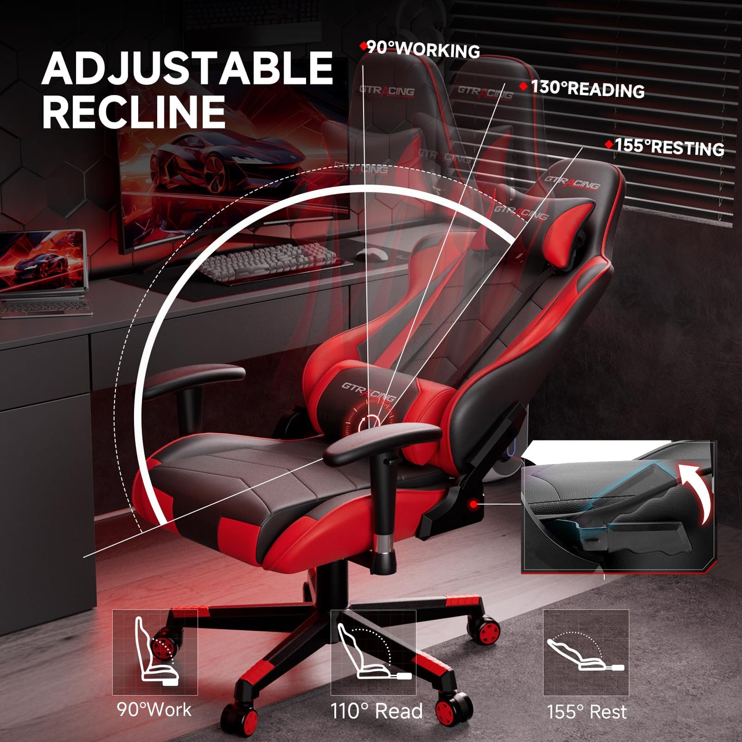 GTRACING Gaming Chair with Reclining Backrest, Adjustable Height and Swivel Base, Ergonomic Computer Chair with Headrest and Lumbar Support (Red)