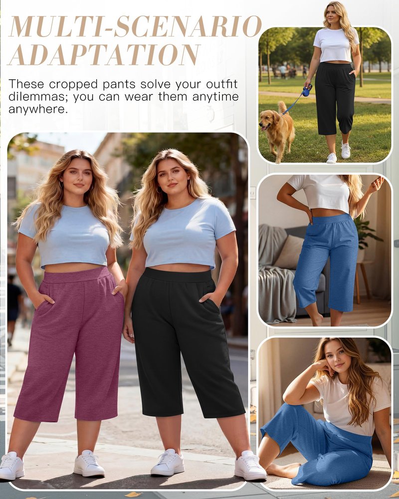 Huukeay 3 Pack Women's Plus Size Capri Pants Loose Fit Wide Leg Capris Sweatpants Summer High Waisted Yoga Pants with Pockets(Black, Blue, Wine Red,4X-Large)