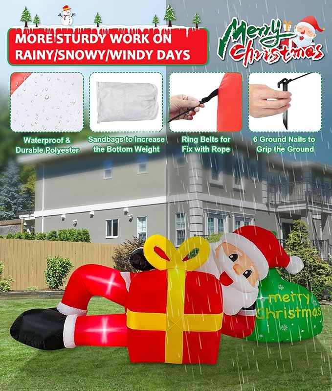 EAONE 12FT Giant Christmas Inflatable Santa Claus Lying for Outdoor Decoration, Christmas Blow Ups Yard Decoration Santa Claus & Gift Bags with Lights for Garden, Lawn, Home Xmas Holiday Season Decor