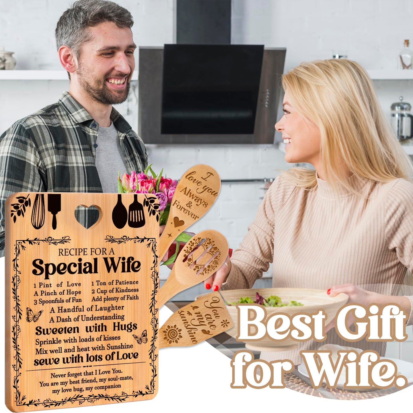 Valentine Day Gifts for Wife - "Recipe for a Special Wife" Valentine's Day Gifts for Her Cutting Board Set, Bamboo-Made Engraved Utensil Set Gifts for Wife