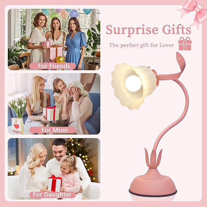 Vintage Flower Table Lamp, 3 Color Temperature Flexible Gooseneck Cute Small Desk Lamp for Bedroom, Kawaii Nightstand Bedside Lamps for Living Room, Dorm, Office, Home Decor (Pink)