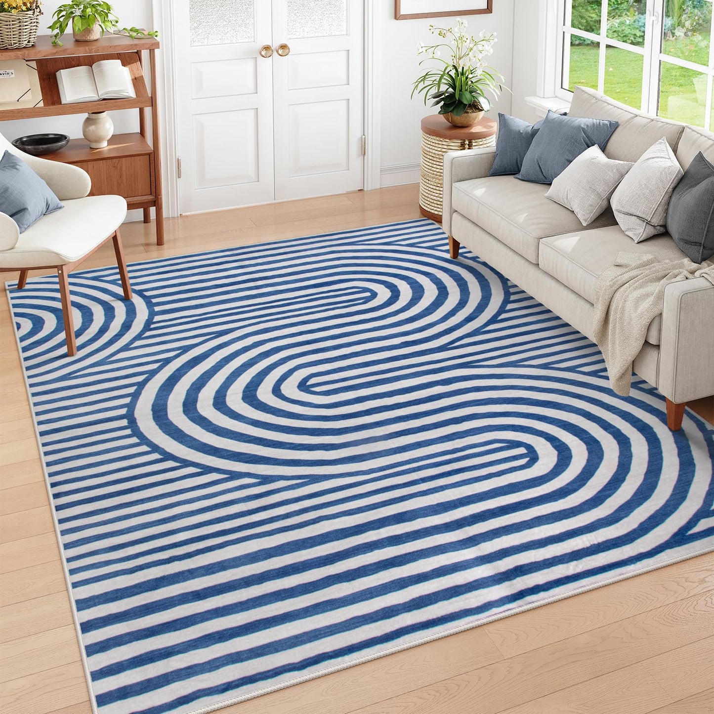 Lahome Modern Washable Area Rugs 5x7, Blue and White Rugs for Bedroom Ultra-Thin Non-Shedding, Abstract Living Room Rugs Stain Resistant Geometric Large Carpet for Kids Office Dorm Alba(5'X7',Blue)