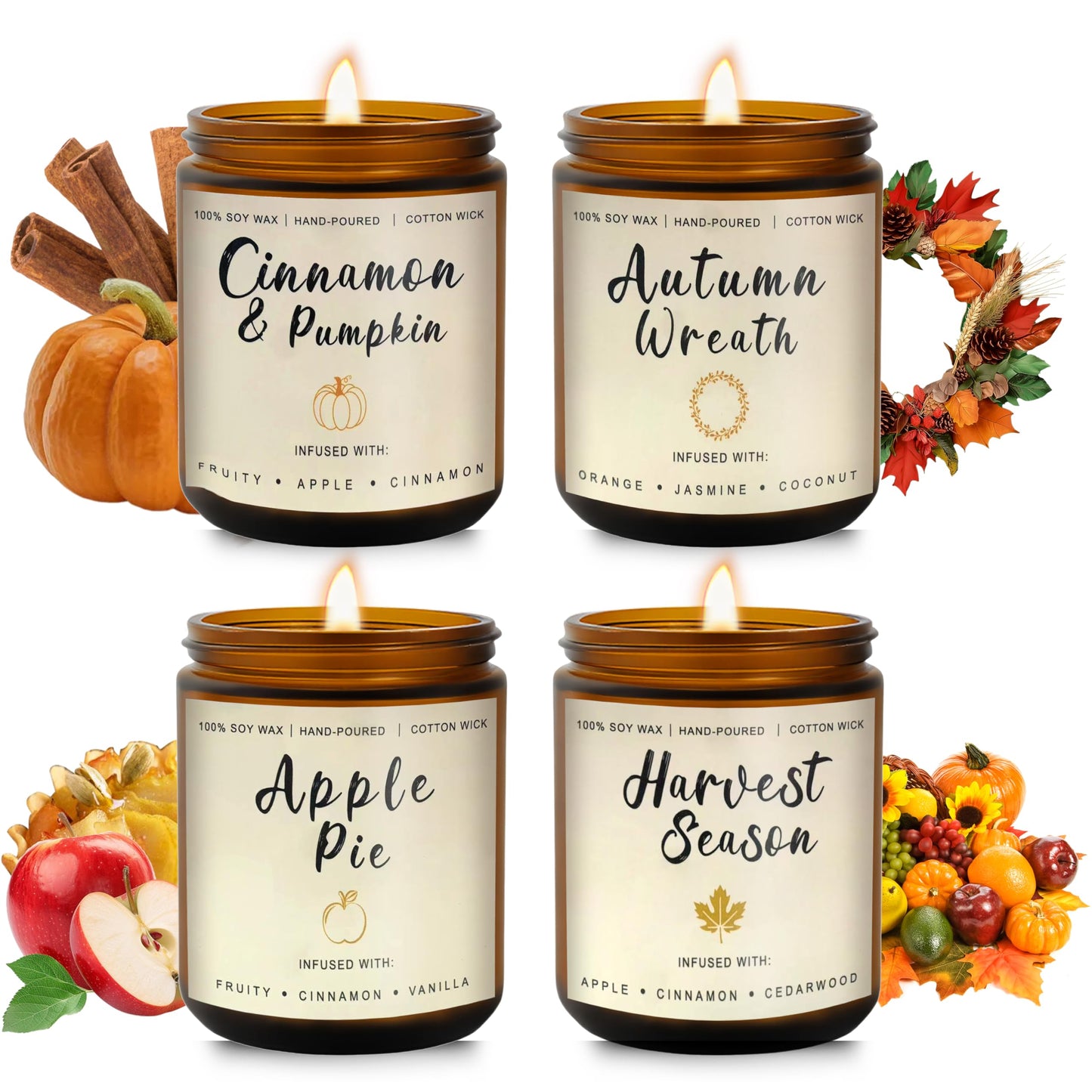 Fall Candles Gift Set – 4 Pack Scented Soy Candles for Home, Autumn Decor, Fall Decorations, Pumpkin Spice, Apple Pie, Cinnamon, Harvest – Great for Halloween & Thanksgiving Gifts