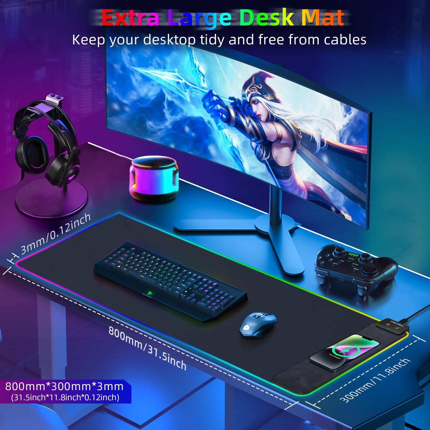 Gaming Mouse Pad, Wireless Charging Mouse Pad Gaming, 31.5"x11.8" Large RGB Desk Mat for Laptop/Computer/Keyboard, 9 Light Modes, Waterproof Smooth Surface, Non-Slip Base, Black
