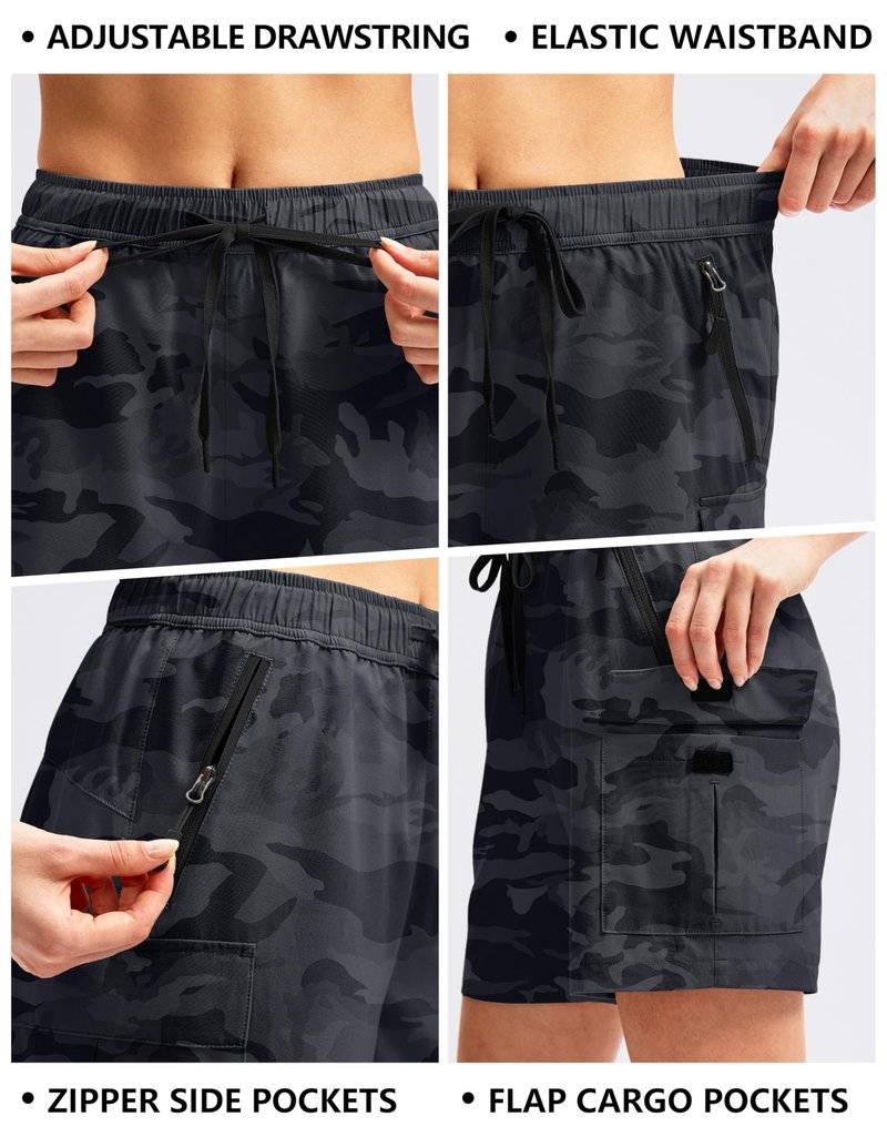 SANTINY Women's 5''/ 7''/9'' Hiking Cargo Shorts Quick Dry Lightweight Summer Shorts for Women Athletic Golf Zipper Pockets(GreyCamo_L)