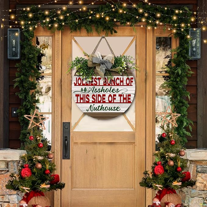 Christmas Door Sign Jolliest Bunch of A-holes Door Sign Wooden This Side of The Nuthouse Front Door Hanger Sign Holiday Welcome Door Decoration Winter Wreath Home Decor 12 inch