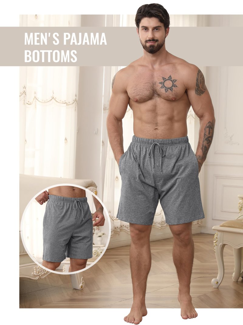 IHU 3 Pack Men's Cotton Pajama Shorts - Soft Sleepwear & Lounge Bottoms with Drawstring & Pockets Sleep Shorts for Men L Black, Navy, Gray