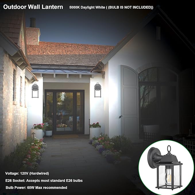 LIT-PaTH Outdoor Wall Lantern, Wall Sconce as Porch Lighting Fixture, E26 Base, Aluminum Housing Plus Glass, Water-Proof and Outdoor Rated, ETL Qualified, 2-Pack, Black