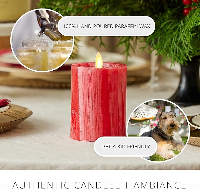 Luminara Selenite Looking Flameless Candle, Holiday Red 3" x 4.5", Battery Operated Real Wax Moving Flame LED Pillar w/Timer, Home Decor Unscented