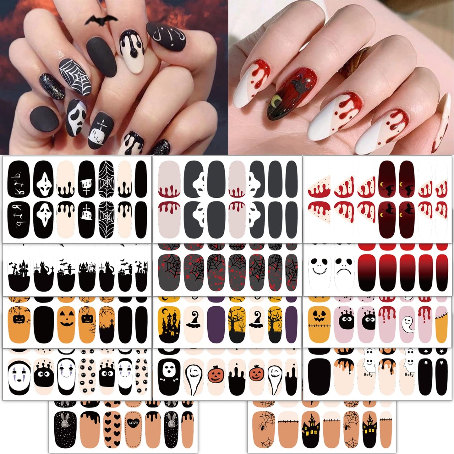 TailaiMei 14 Sheets Halloween Nail Wraps Stickers Nail Polish Strips Self-Adhesive Full Wraps with 2 pcs Nail Files for DIY Nail Art Decals (Bleeding Style)