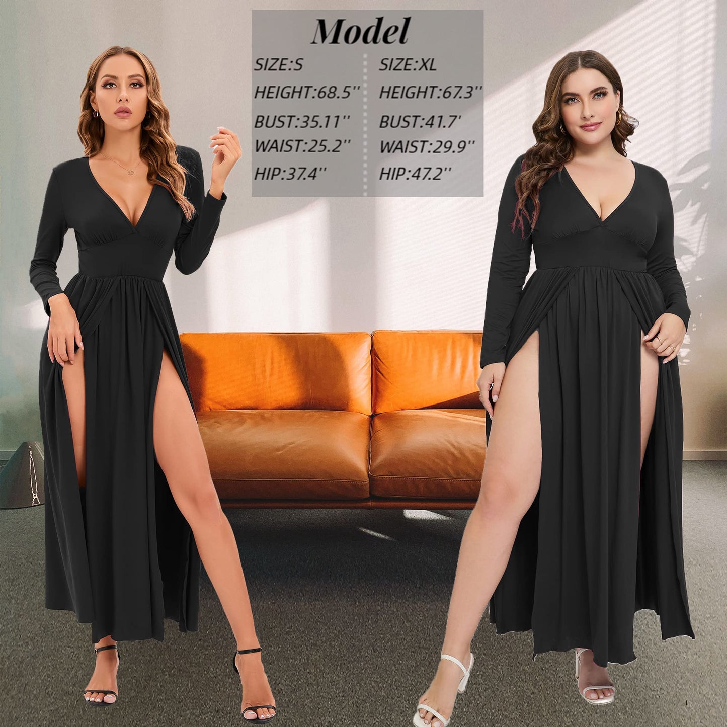 SILUI Women's 2025 Fall Western Dress Sexy Double High Slit Deep V Neck Plus Size Long Sleeve Maxi Club Party Dresses Black