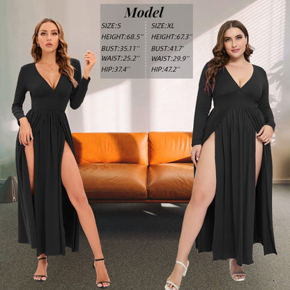 SILUI Women's 2025 Fall Western Dress Sexy Double High Slit Deep V Neck Plus Size Long Sleeve Maxi Club Party Dresses Black