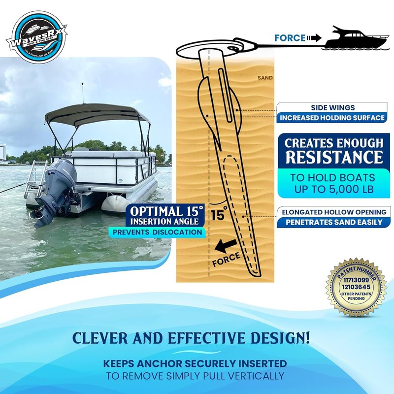 WAVESRX Patented Aluminum Spike Beach Anchor | Ultra-Light PWC, Jet Ski & Sand Anchor for Boat, Pontoon & Kayak Secure Anchoring Near Shore, Sand-bar or in Shallow Water with Intelligent Design