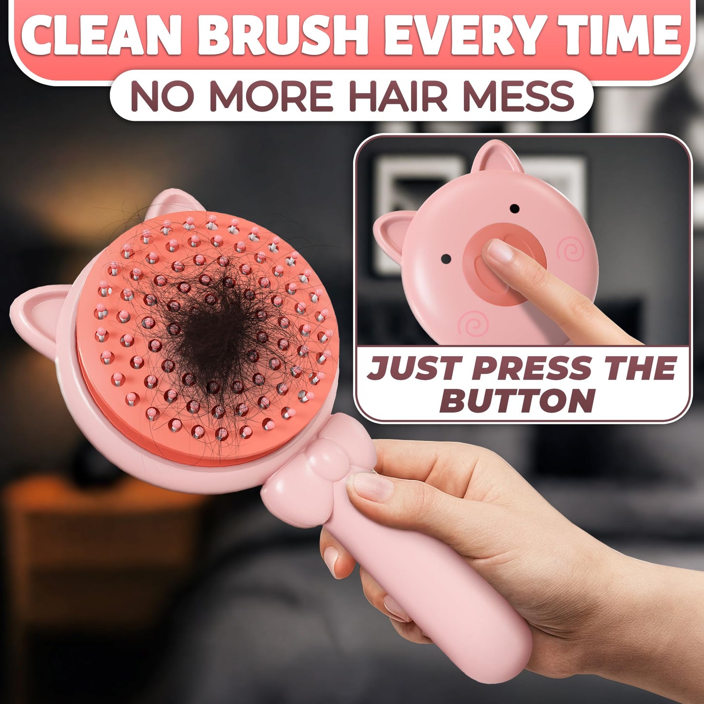Retractable Hair Brush Pink Pig Designed - Compact 7.87 х 3.66 Inches Self Cleaning Hair Brush for Women with Magnetic Attach - Effective Detangling & Self Cleaning Hairbrushes with Soft Bristles