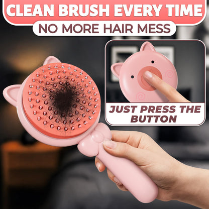 Retractable Hair Brush Pink Pig Designed - Compact 7.87 х 3.66 Inches Self Cleaning Hair Brush for Women with Magnetic Attach - Effective Detangling & Self Cleaning Hairbrushes with Soft Bristles