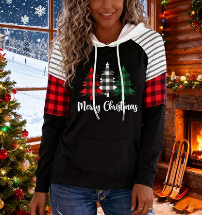 Merry Christmas Buffalo Plaid Tree Striped Splicing Hoodie Shirt Blouse for Women Christmas Color Block T Shirt Top(Black, Large)