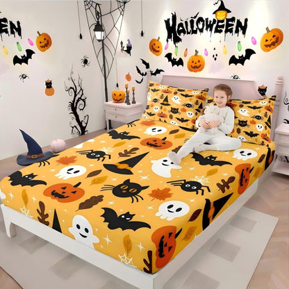 Erosebridal Halloween Fitted Sheet Twin Cartoon Pumpkin Sheet Set Lantern Bedding Ghost Bed Cover for Kids Boys Girls Bedroom Decor 2 Pcs Bedding Set (1 Fitted Sheet 1 Pillow Case) Orange