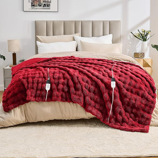 Heated Blanket Electric Throw Blanket 84''X 90''-Heating Blanket with 6 Heat Settings-10 Hours Auto Off,Cozy Faux Rabbit Fur Bubble Electric Blanket,Red