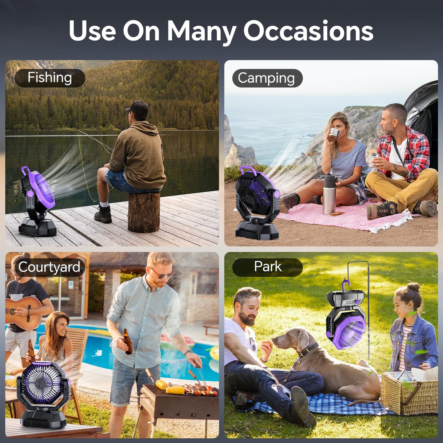 AJVV Camping Fan, 20000mAh Portable Rechargeable Battery Powered Fan with Stepless Wind Speed, Personal Desk USB with Light for Outdoor, Home, Tent, Fishing, Camping