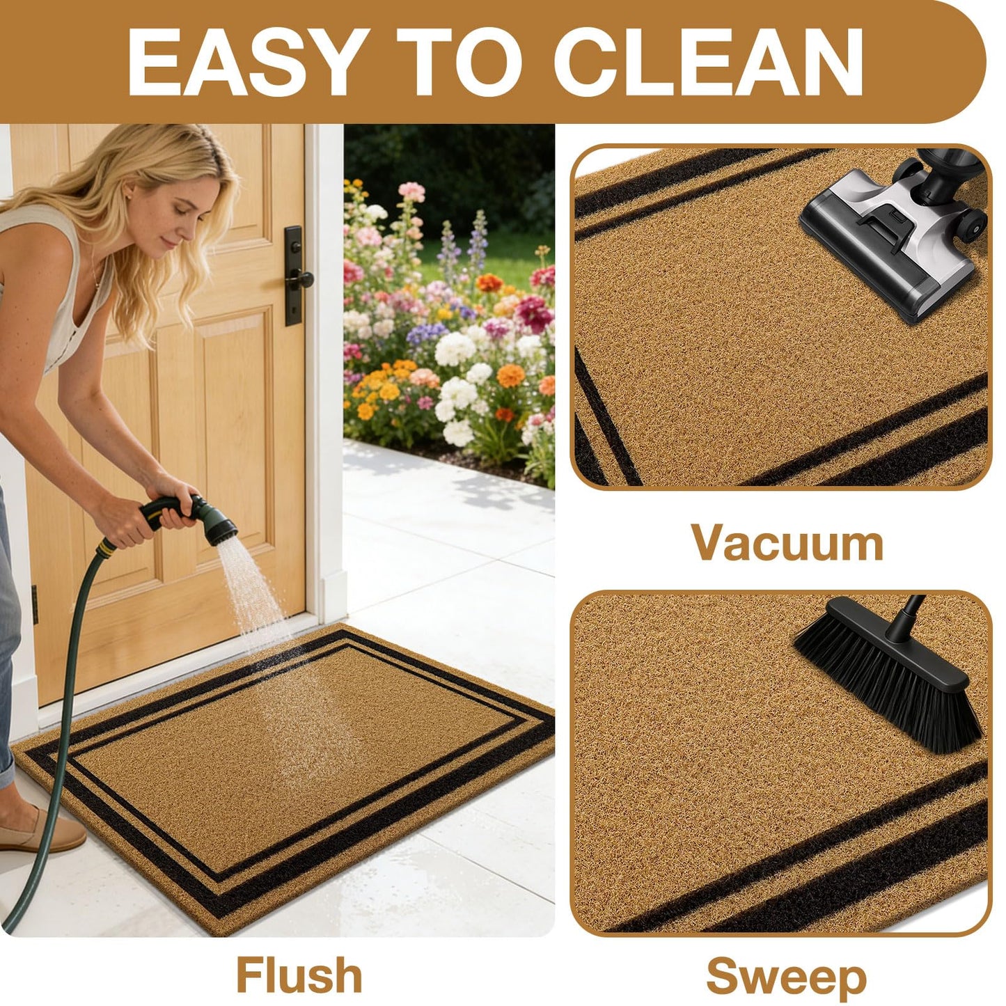 OLANLY Front Door Mat, Low Profile Doormat, Stain and Fade Resistant, Easy to Clean, for Indoor and Outdoor Entrances, Patio Porch or Entryway, Brown (30x17 Inch, Classic Border)