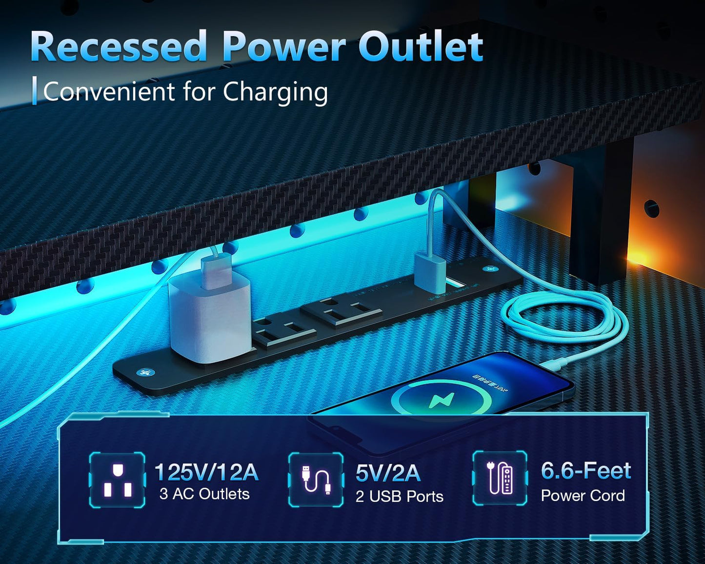 AODK 59 Inch Gaming Desk with USB Charging Ports & LED Light- Reversible Computer Desk with Storage Shelves & Monitor Stand, Modern Gamer Desk Table with Fabric Drawers & Side Hook, Carbon Fiber Black