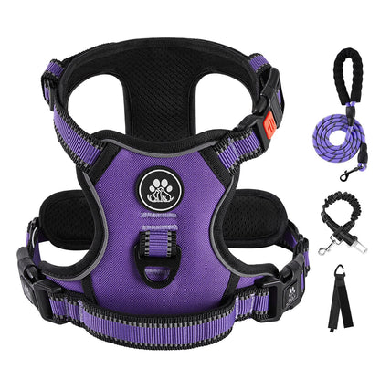 IVY&LANE No Pull Dog Harness for Medium Dogs, Dog Vest Harness with Leash, Safety Belt and Storage Strap, Fully Adjustable Harness, 360° Reflective Strip, Soft Handle (Purple, M)