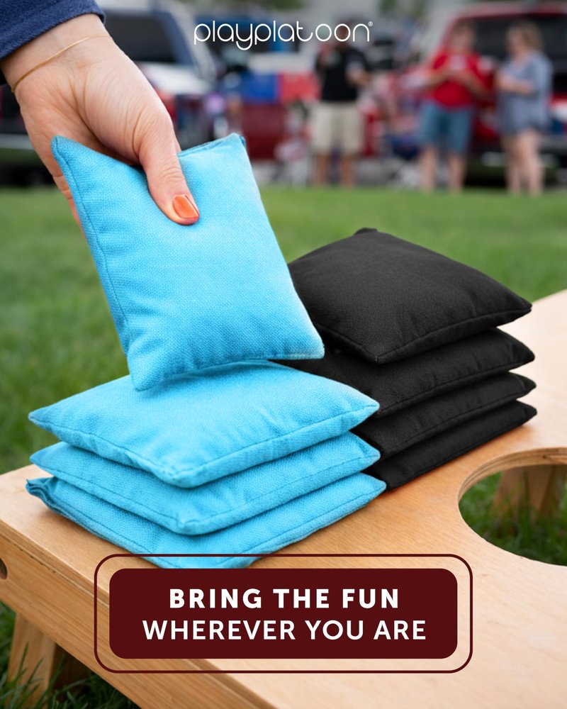 Play Platoon Weather Resistant Cornhole Bags - Set of 8 Regulation Corn Hole Bean Bags - Light Blue & Black - Durable Duck Cloth Corn Hole Bag for Tossing Game, Includes Tote Bag