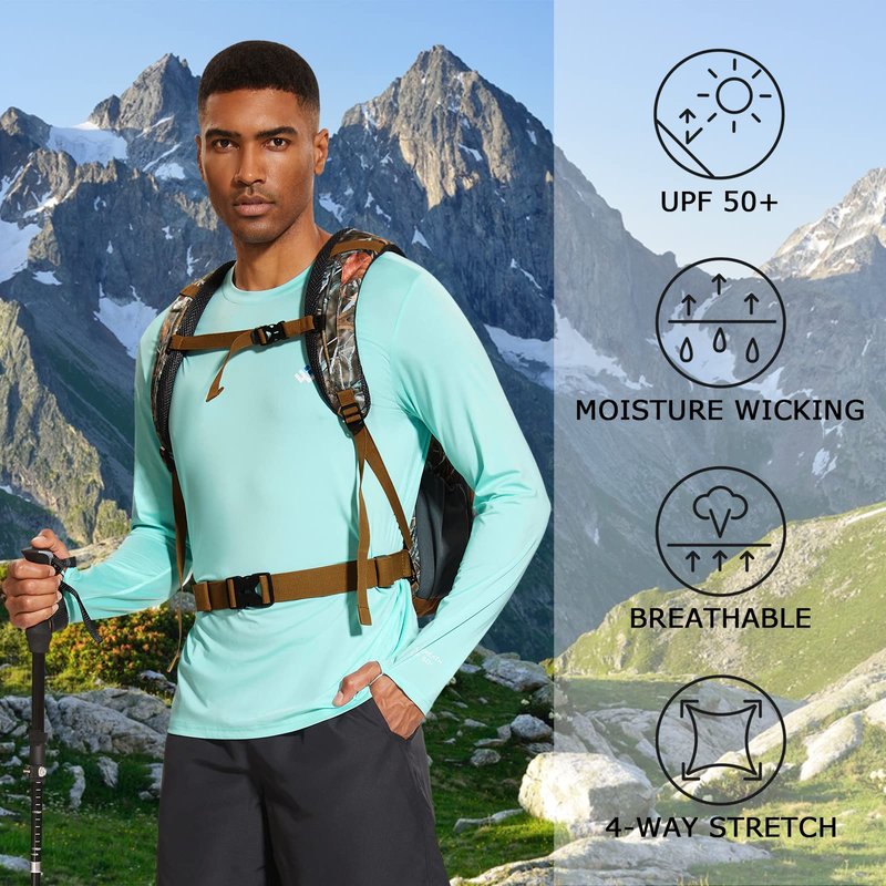 Men’s UPF 50+ Lightweight Long Sleeve Casual T-Shirt Quick Dry UV Sun Protection for Outdoor Beach Hiking Fishing Exercise Seafoam