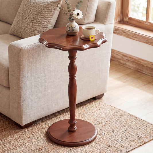STO'SENSE Round Side Table, Drink Table for Small Spaces,Modern Accent Nightstand w/Solid Wood Leg,Mid-Century Pedestal Sofa Table w/Classic Sculpted Design for Living Room,Tool-Free Assembly,Walnut