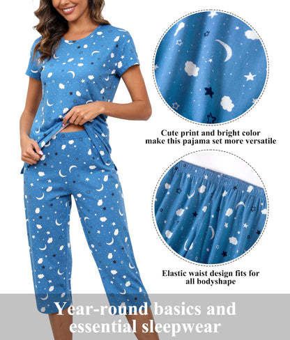 PNAEONG Women Pajama Set Sleepwear Tops with Capri Pants Casual and Fun Prints Pajama Sets Moon Night L