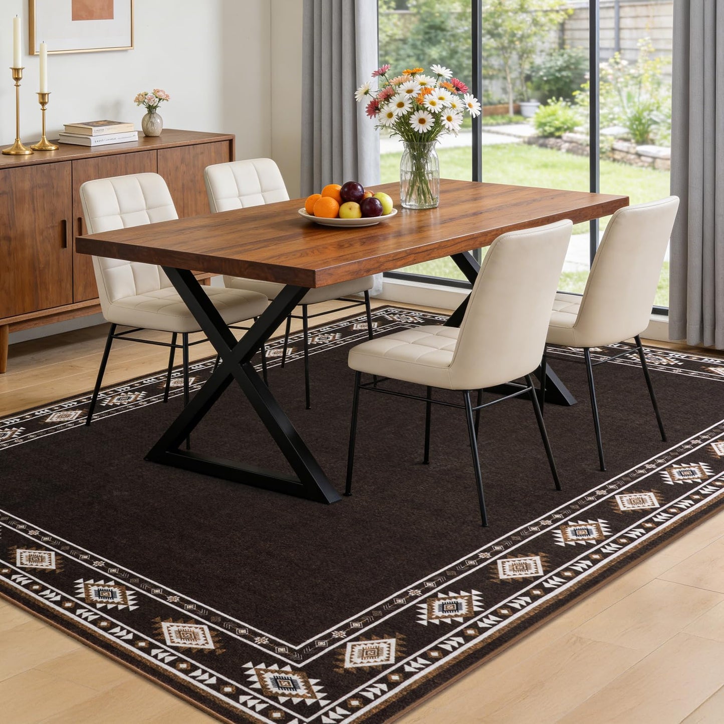 QDUIDU Large Area Rug for Bedroom Living Room, 5x7 Feet Ultra Soft Brown Rugs Washable Modern Geometric Bordered Non Slip Low Pile Carpets Home Decor