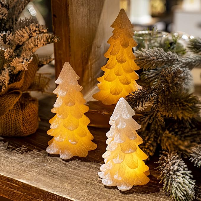 Glittering White Christmas Tree Shaped Flickering Flameless LED Candles with Timer, Real Wax Battery Operated for Home Party Decoration and Gift (Set of 3)