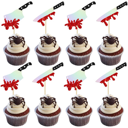 Gyufise 24Pcs Halloween Cupcake Toppers Glitter Horror Blood Knife Cupcake Picks Killer Birthday Cake Decorations for Halloween Blood Knife Theme Birthday Party Supplies