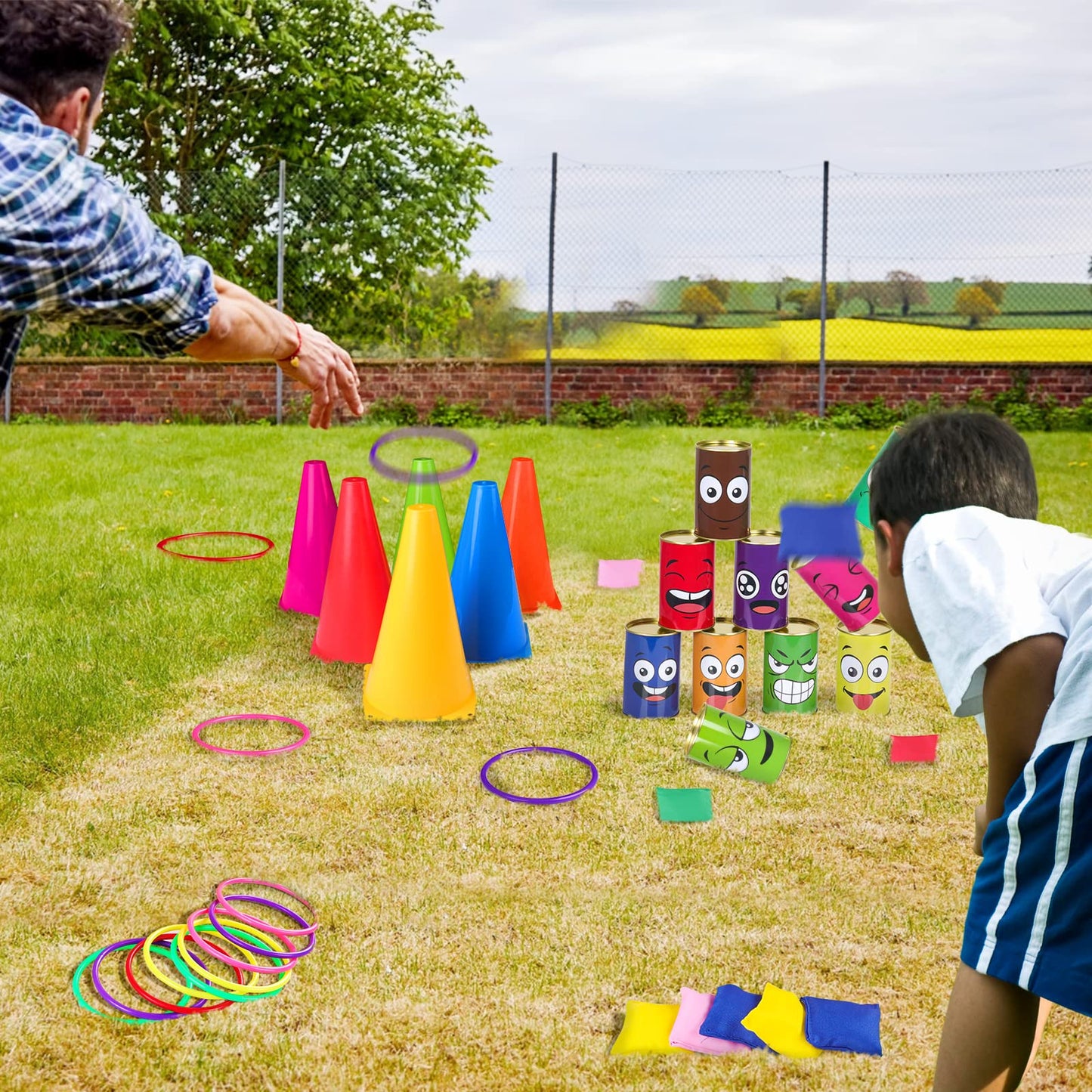 Waenerec 36PCS Carnival Games Combo Set 4 in 1 Bean Bag Toss Can Games Plastic Cone Ring Toss Game for Indoor Outdoor School Field Day Birthday Party Yard Game for Kids Adults
