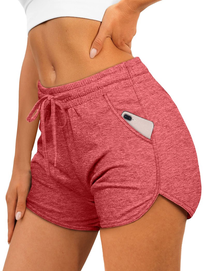 Womens Workout Shorts Athletic Pants Dolphin Shorts with Pockets Exercise Jogging Coral Red L