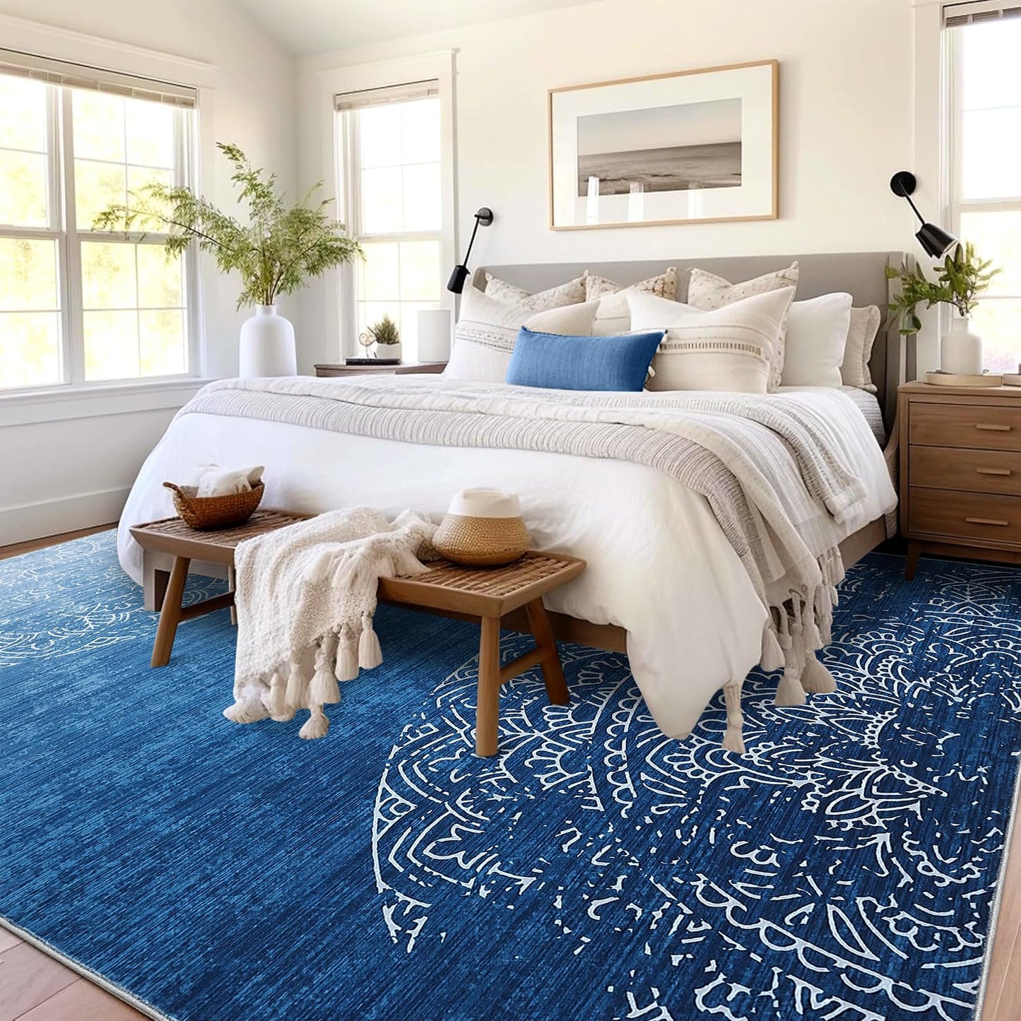 Garvee 9x12 Area Rugs for Living Room, Machine Washable Area Rug for Bedroom, Traditional Medallion Rug with Non Slip Backing, Stain Resistant Non Shedding Farmhouse Carpet for Dining Room, Blue