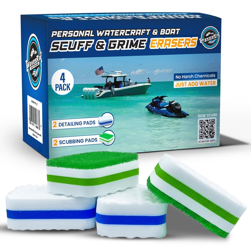 WAVESRX Marine Scuff and Dirt Eraser Sponges for Boats, Jet Ski & PWC | Magic Cleaning Pads Effortlessly Remove Deck Marks, Scratches, Black Streaks and Grease | No Harsh Chemicals (4 Pack)