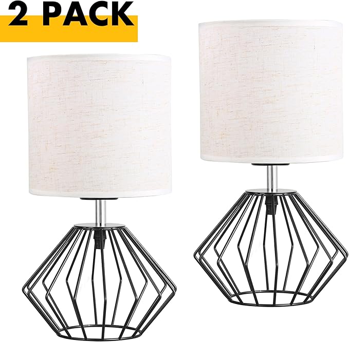 Hamilyeah Bedside Lamps Set of 2 with On/Off Switch, Black Industrial Table Lamps for Night Stands with Beige Linen Fabric Shade