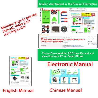 EUDAX Labs Junior Science Magnet Set for Education Science Experiment Tools Icluding Bar/Ring/Horseshoe/Compass Magnets