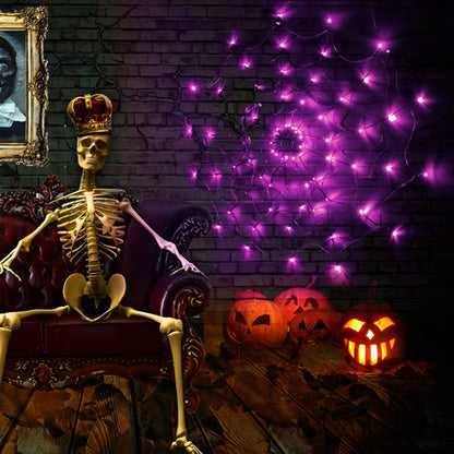 FUNPENY Halloween 80 LED Spider Web Lights with Spider, Battery Powered 8 Modes Light up Cobweb Halloween Decorations for Indoor Ourdoor Garden Yard Home Patio (Purple)