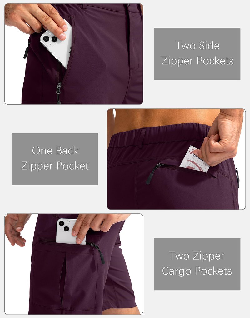 Pudolla Men's Hiking Cargo Shorts 9" Lightweight Outdoor Work Shorts for Men Travel Golf Camping Casual with 5 Zipper Pockets(Wine X-Large)