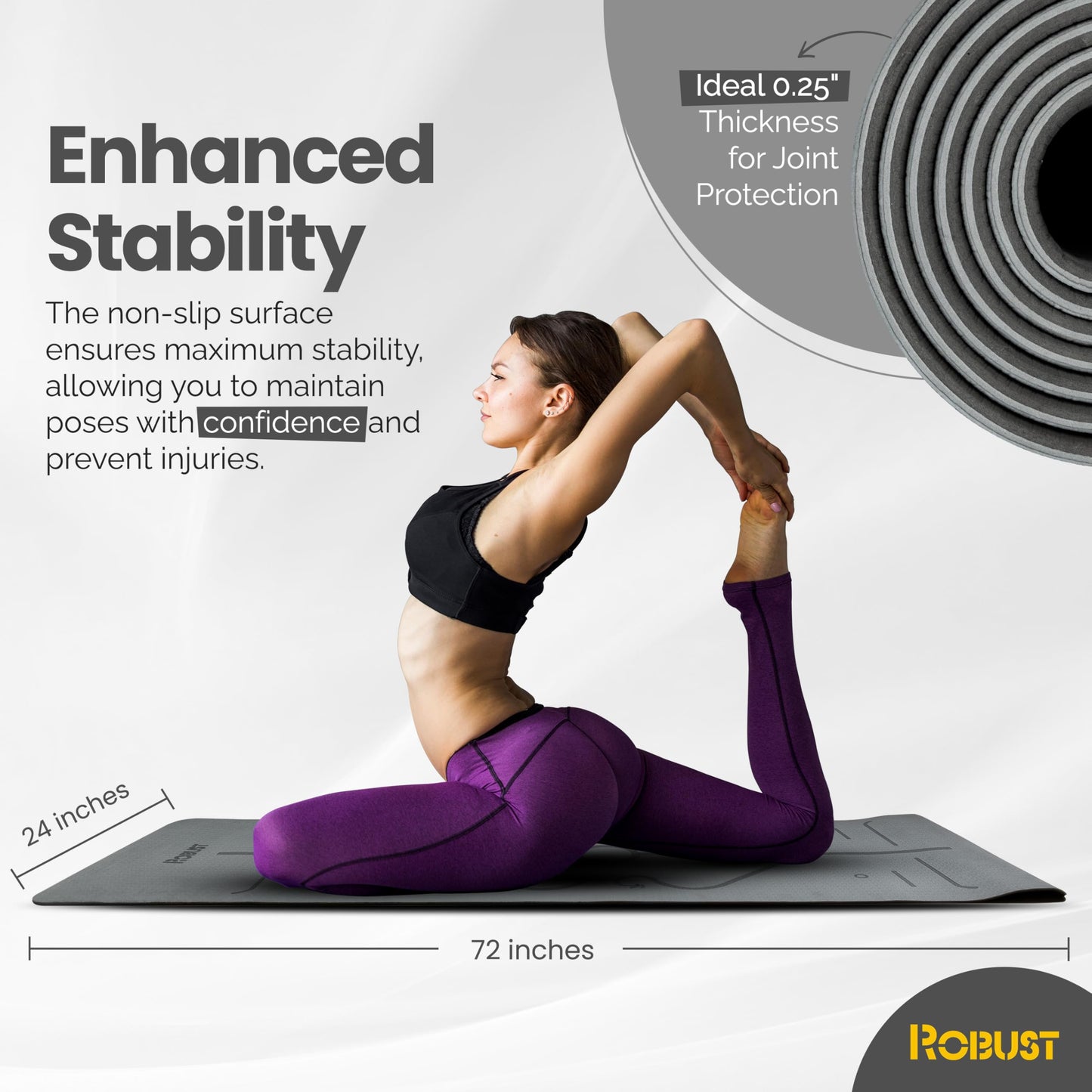 Robust Non-Slip Yoga Mat with Strap, 1/4" Thick TPE Eco-Friendly Workout Mat for Yoga with Position Lines and Texture Surface, Gym Mat for Women, Men, Pilates and Exercises Anti-Tear Sweat-Proof Exercise Mat