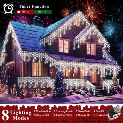 XURISEN 66ft Christmas Lights Decorations Outdoor, 640 LED 8 Modes Curtain Fairy Lights with 120 Drops,Plug in Waterproof Timer Memory Function for Christmas Holiday Wedding Party Decor(Cool White)