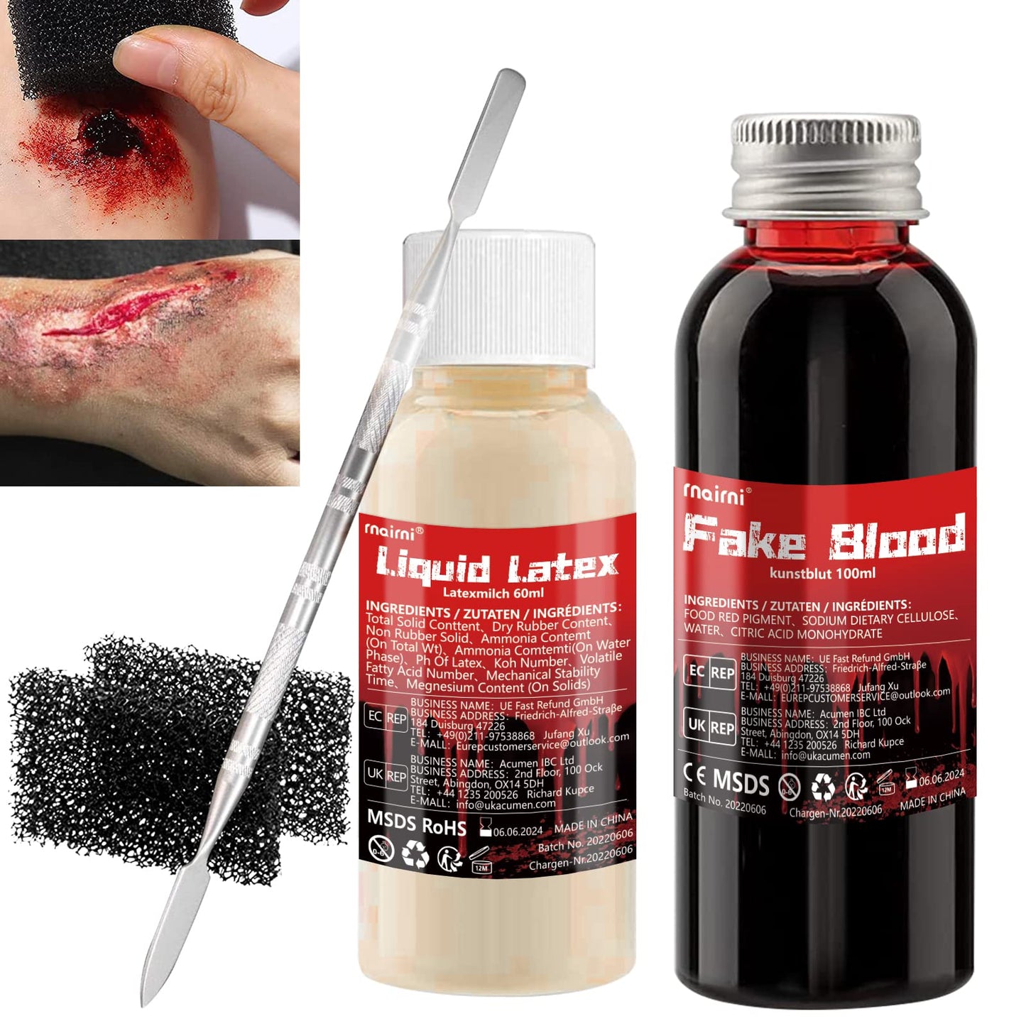 Halloween SFX Makeup Kit Fake Blood(100ML) + Liquid Latex(60ML) + Spatula Tool + 2Pcs Stipple Sponge For Scary Halloween Special Effects Cosplay Costumes Decorations