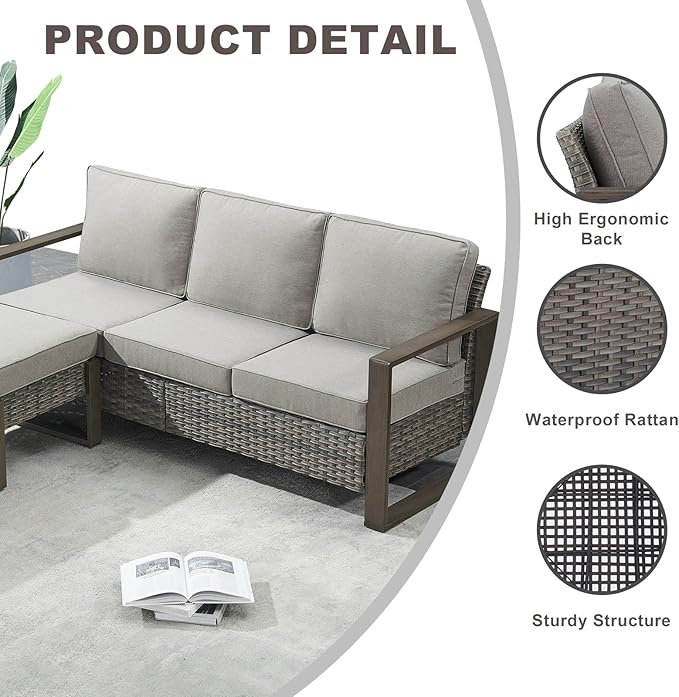 Outdoor Wicker Patio Furniture Set - 6 Piece Patio Conversation Set with 2 Wicker Armrest Chairs,2 Rattan Ottoman,1 Side Table and 1 Couch,Sturdy Frame,Thick Cushions,Deep Seating(Mixed Grey/Grey)