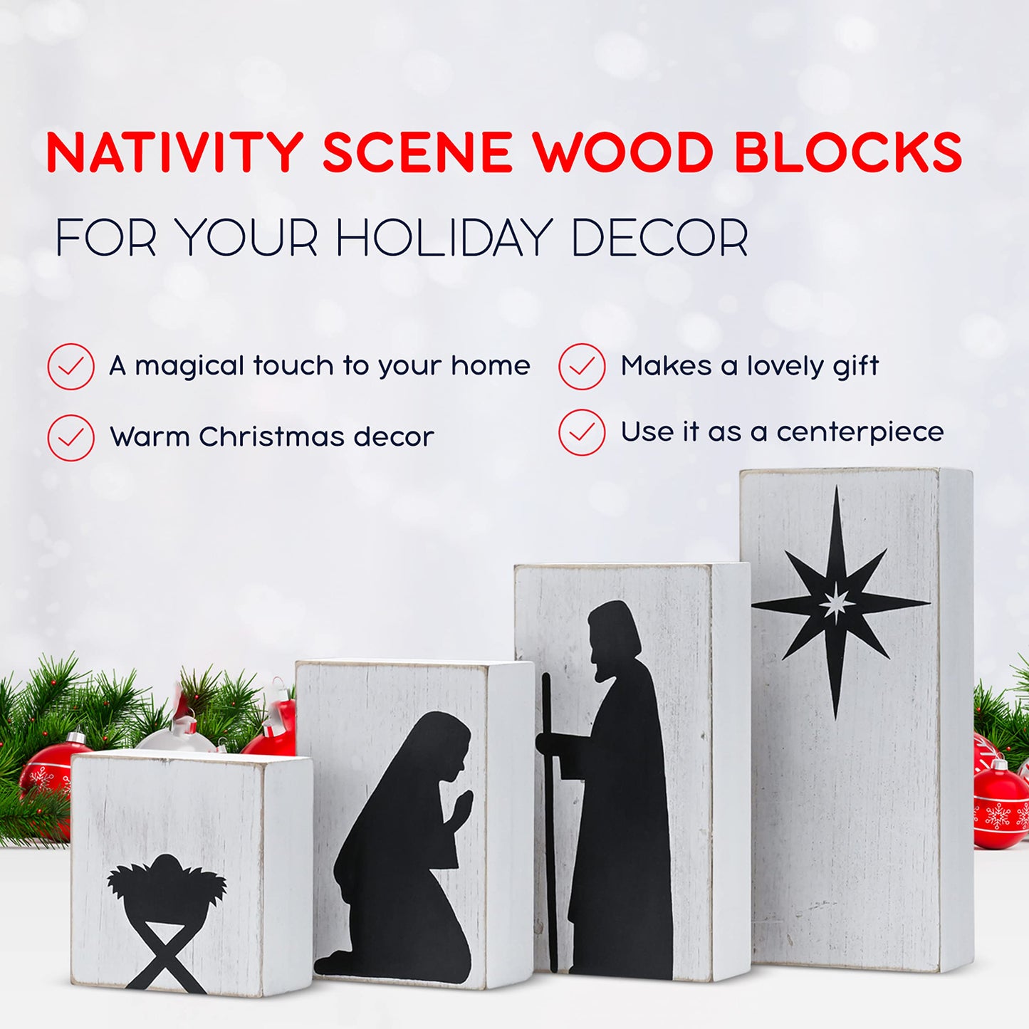Ornativity Wooden Block Nativity Scene - Black Xmas Silhouette Christmas Figures on White Painted Wood Blocks Indoor Nativity Table Top Shelf Sitter Mantle Centerpiece Set Decorations - 1 Set