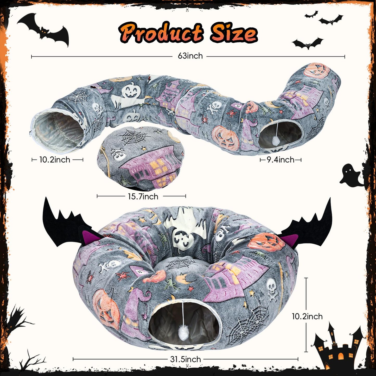 Tidjani Halloween Cat Tunnel Bed, Cat Tunnels for Indoor Cats with Bat Wings, Foldable Pet Donut Bed with Middle Mat and Dangling Balls, Pet Play Toy with Ghost, Spider Web Pattern Decorations