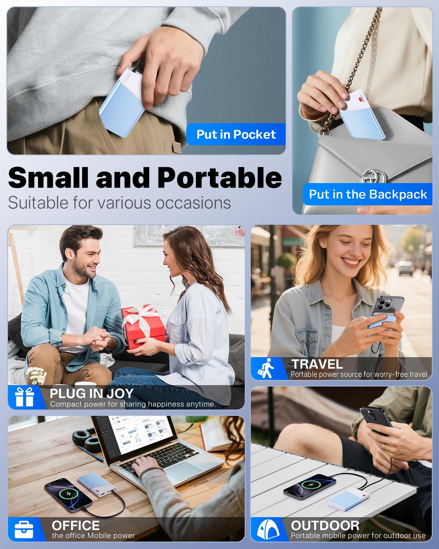 Portable Charger Power Bank, 10000mAh 22.5W PD Super Fast Charging Powerbank with Built-in USB C in&Out Cable, Slim External Phone Battery Pack for iPhone 17/16/15 iPad Samsung S24 Android etc