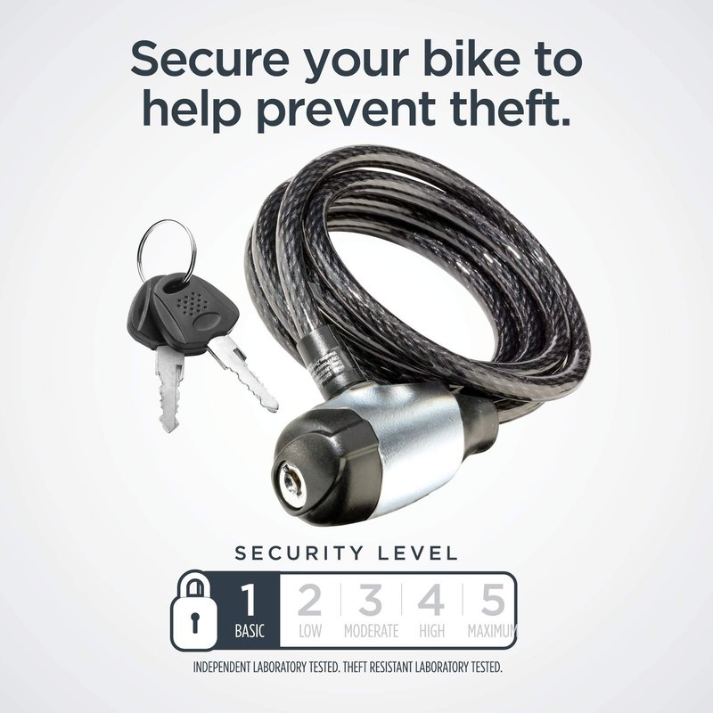 Schwinn Bike Cable Lock with Keys, 6 ft x 8 mm, Black, Durable Steel, Protective Vinyl Cover, Carrying Bracket for Transport, Anti Theft Protection, Bike Lock Cable for Security