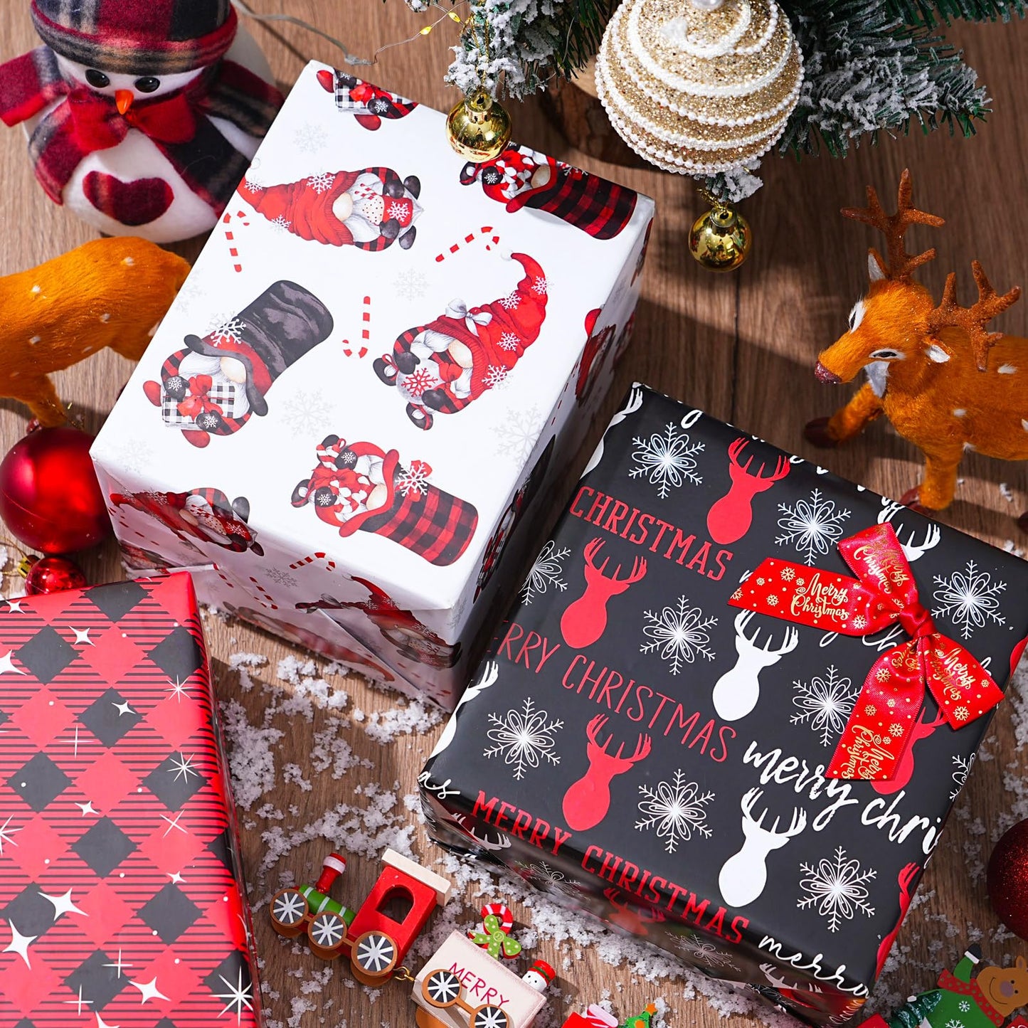 ZINTBIAL Christmas Wrapping Paper for Kids Adults - Xmas Wrapping Paper with Red/Black Plaid, Reindeer, Gnome, “Ho Ho” Words - 28 x 40 Inches, 6 Jumbo Sheets, Easy to Store